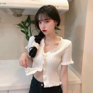 Áo len mỏng croptop viền bèo dáng ôm, Áo len cài khuy hở bụng sexxy AL6132 - NhiNhi Shop