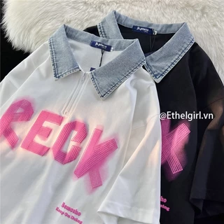 Ethelgirl Thời trang dáng rộng khâu denim in hình polo cổ áo thun ngắn tay nữ quần áo cổ điển hàng đầu