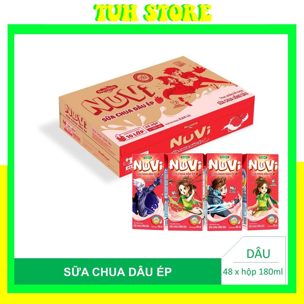 THÙNG 48 Hộp Sữa Chua Dâu Ép Nuvi 180ml Giúp Bé Phát Triển Trí Não, Chiều Cao Cho Bé