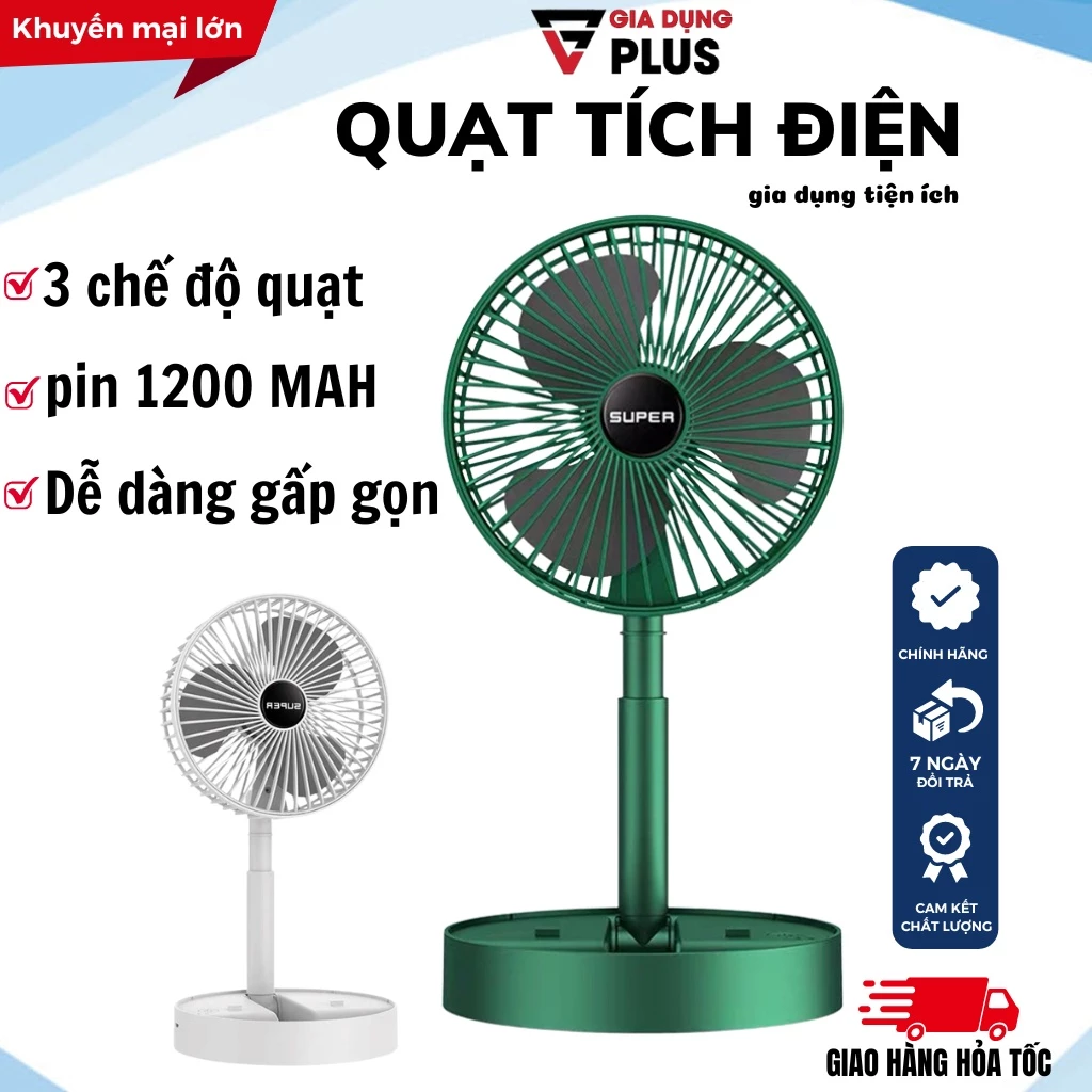 Quạt Tích Điện Để Bàn Gấp Gọn SUPER , Quạt Tích Điện Cầm Tay sử dụng 6 - 8 tiếng