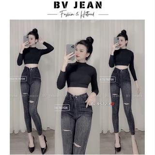 Quần Jean Ôm Nữ Loang Khói Rách Gối BV JEAN Quần Ôm Nữ Cạp Cao