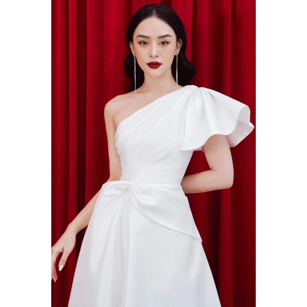 Đầm dáng xòe lệch vai nhún eo dự tiệc sang trọng Alvin Store 2911