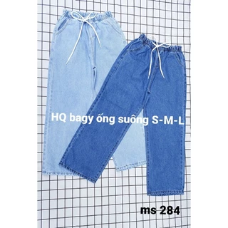 Quần baggy jean nữ mẫu trơn ống rộng lưng thun ảnh thật