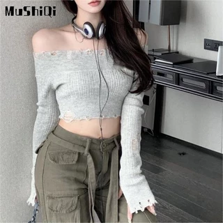 Áo Croptop Dệt Kim Mỏng Hở Vai Thiết Kế Gợi Cảm Cho Nữ