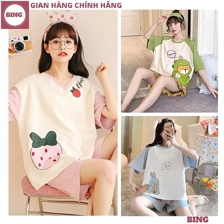 Đồ ngủ mặc nhà mùa hè cộc tay in hình ngộ nghĩnh, Đồ bộ thun nữ mặc nhà họa tiết dễ thương chất co giãn siêu đẹp - BING