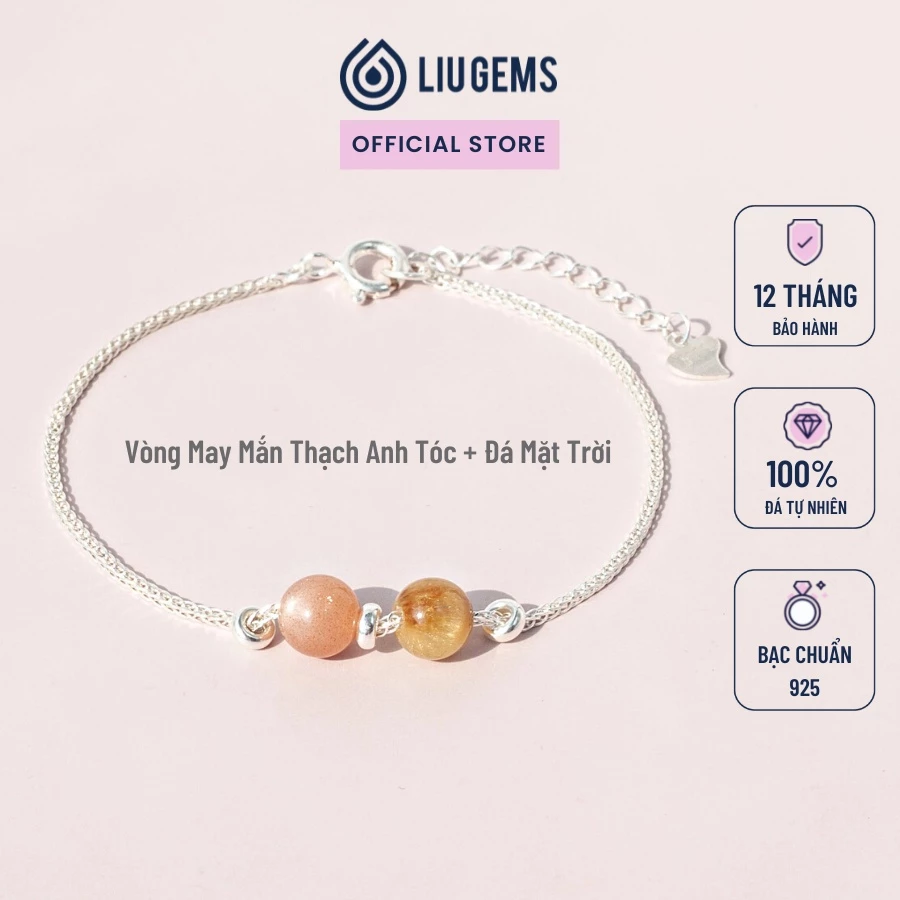 Vòng Tay Bạc 925 Nữ Đính 2 Viên Đá Liugems Phong Thuỷ Tự Nhiên Handmade Mix Charm Bi Mini Size Nhỏ Tinh Tế