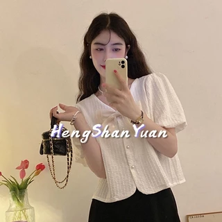 Áo kiểu HENG SHAN YUAN tay phồng ngắn cổ chữ V thắt nơ phong cách Hàn Quốc ngọt ngào cho nữ