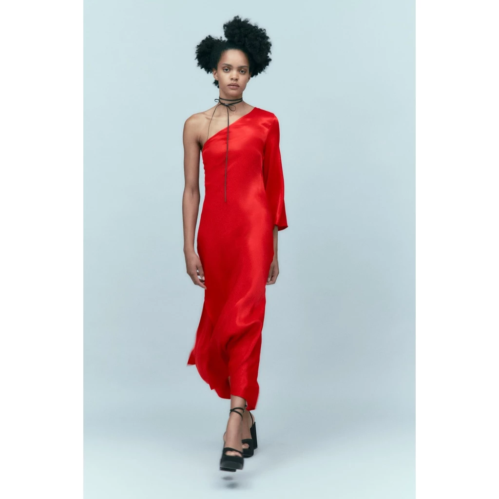 Size XS ZARA Đức - Đầm lụa satin dài lệch vai tay dài dự tiệc màu đỏ sale auth new tag cao cấp chính hãng sẵn 9878/172