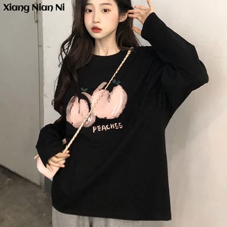 Xiang-ni Áo Thun cotton Tay Dài Dáng Rộng Dài Đến Giữa Bắp Chân In Họa Tiết Cho Nữ