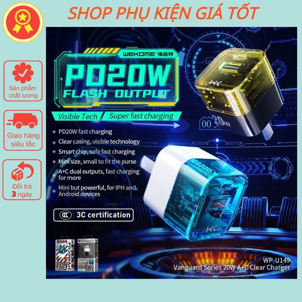 🌟CHÍNH HÃNG 🌟Củ sạc trong suốt Wekome WK WP-U149 cốc sạc nhanh PD  20w Pioneer A + C chân cắm USB và Type-C