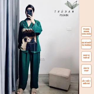 Bộ Pijama nữ bigsize cún xanh rêu tay dài chất lụa Mango ko nhăn dành cho nữ, mẹ bầu 60 - 90kg