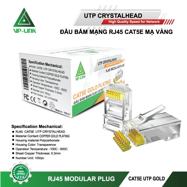 Hộp 100 Cái Đầu Bấm Mạng RJ45 VP-Link Cat5E Xuyên Thấu Dây