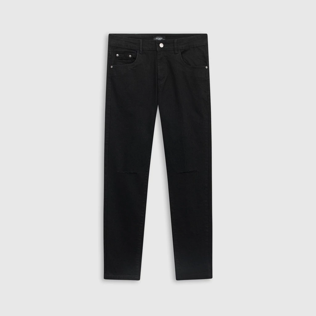 Quần jean nam ROWAY vải denim co giãn nhẹ, form slim , Jean đen rách gối