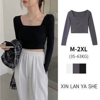 Áo Croptop Tay Dài Cổ Vuông Chất Liệu Co Giãn Phong Cách Hàn Quốc Có 3 Màu Lựa