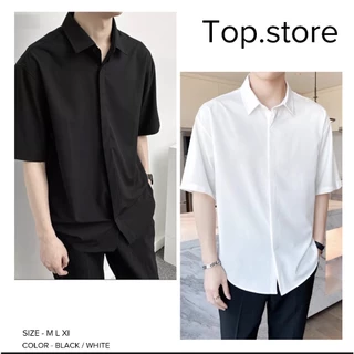 Áo sơ mi ngắn tay form rộng tay lỡ unisex sơ mi cộc tay trắng đen phù hợp công sở và đi học vải lụa cao cấp Top.unisex