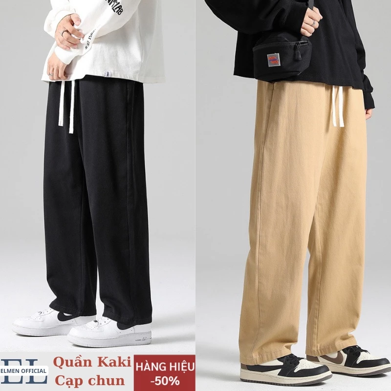 Quần Kaki Nam Baggy Ống Suông Basic Unisex - Kiểu quần baggy nam ống rộng màu đen và be Elmen hottrend 2023