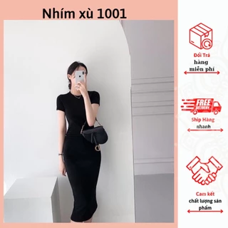 Đầm body cộc tay cổ tròn dáng dài xẻ tà co giãn 4 chiều tôn dáng