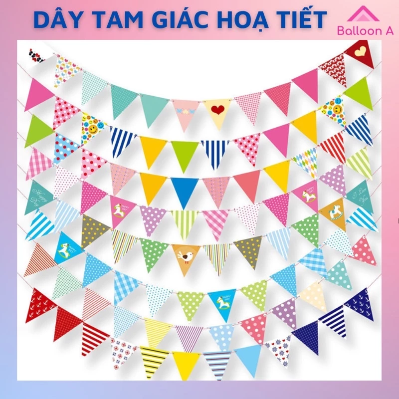 Dây cờ tam giác in hoạ tiết trang trí sinh nhật, trang trí lều trại