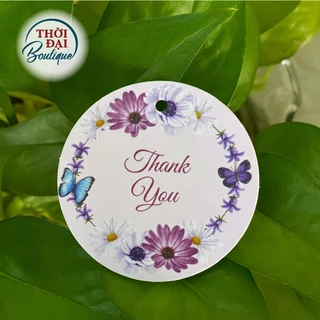 100 Tag / Thẻ Treo Thank You Vòng Hoa Violet Tròn (5cm - MỎNG - 1 MẶT IN)