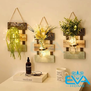 Bảng Gỗ Trang Trí Treo Tường 3T Kèm Lọ Hoa Thuỷ Tinh Và Đèn Led Cổ Điển / Hanging Glass Wall Vase