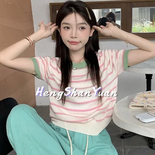 Áo sweater dệt kim HENG SHAN YUAN tay ngắn cổ tròn kẻ sọc màu tương phản thời trang mùa hè 2023 cho nữ