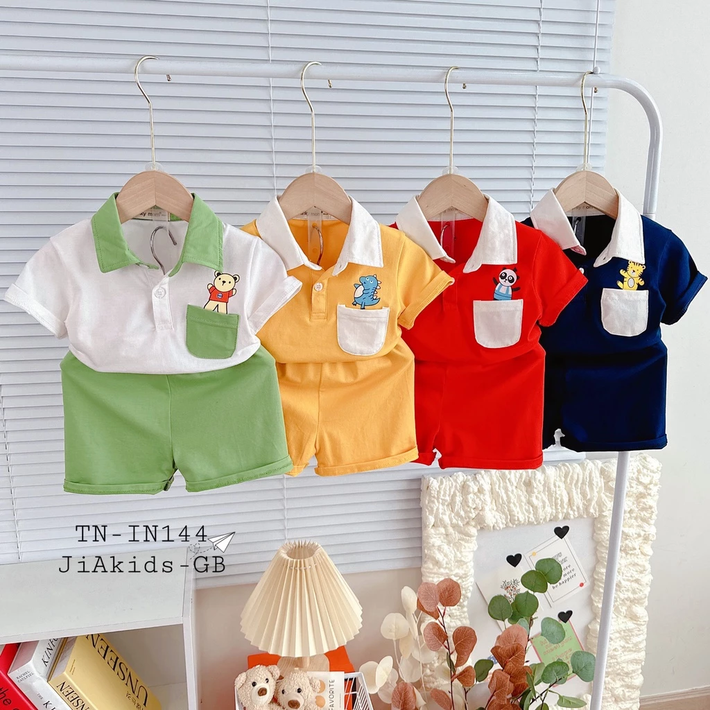 [9-27Kg] Bộ Cộc Tay COTTON 100% MINKY MOM Cổ Bẻ Cài Nút Ngực Cho Bé Đi Học Đi Chơi TN-IN144
