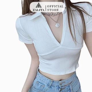 Áo Croptop Tay Ngắn ZALITA A048 Cổ V Gợi Cảm, Dáng Ôm Body Chất Vải Co Giãn Tốt