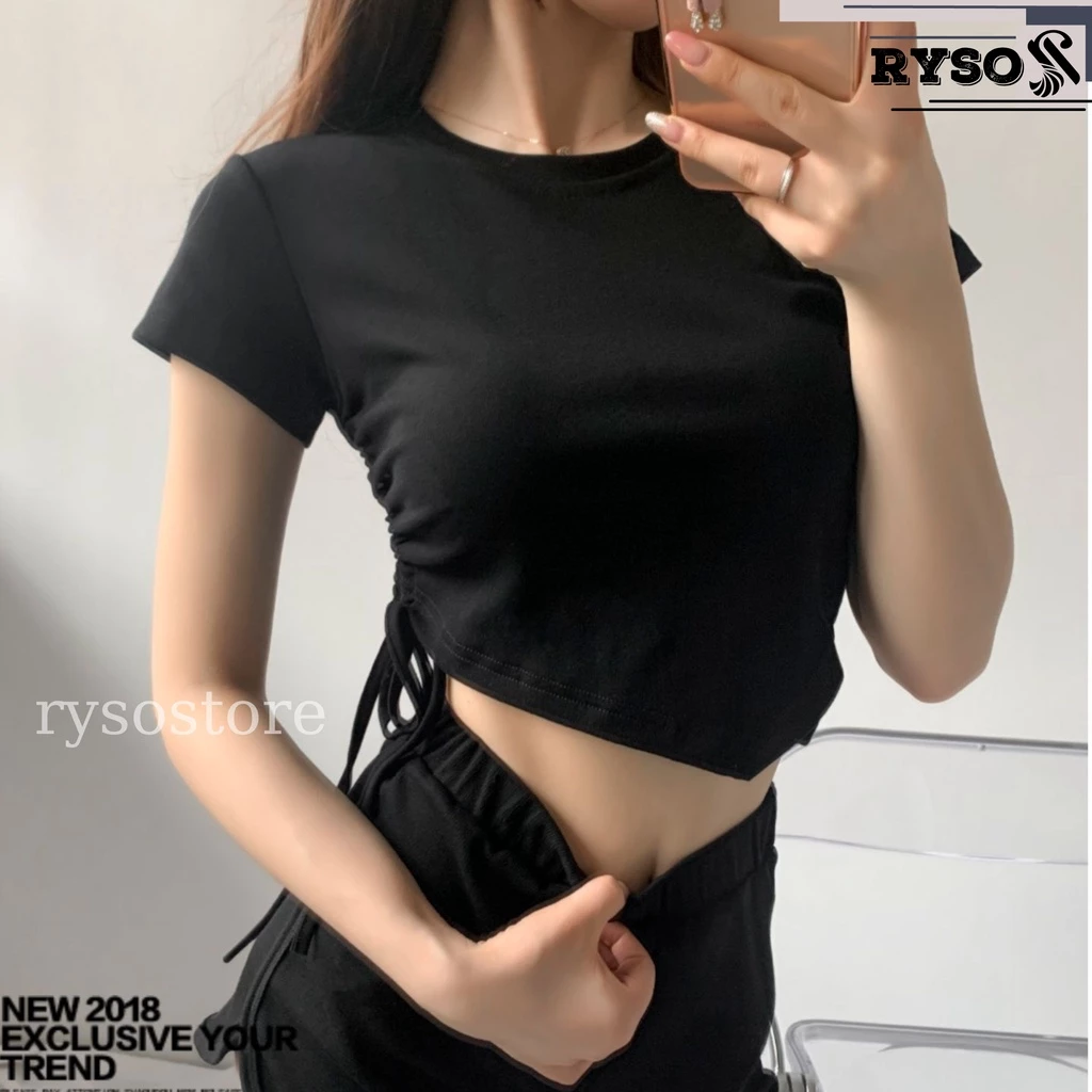 Áo Croptop Tay Ngắn Vạt Nhọn Phối Dây Rút Hông , Áo Kiểu Croptop Cổ Tròn Tay Ngắn Chất Thun Gân Dày Dặn