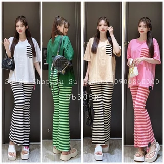 Set Áo Thun Cổ Tròn Phối Túi Quần Ống Loe Đủ Màu - HN Closet