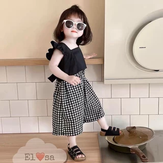 Quần áo bé gái- Set Áo Cánh Tiên Nơ Lưng Mix Quần Caro Dáng Rộng Xinh Xắn Cho Bé 1-8 Tuổi