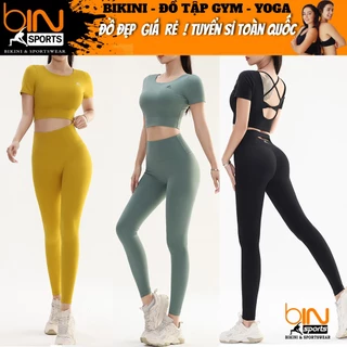 Bộ đồ tập gym yoga aerobic thể thao nữ NAQI áo croptop kèm mút và quần dài chun mông chất liệu thun lạnh BINSPORTS BD199