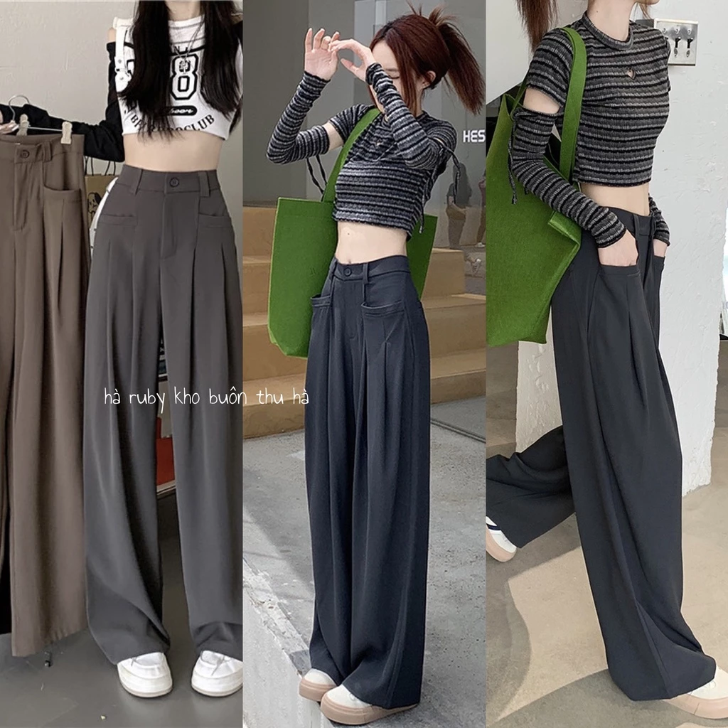 Quần ống suông cạp cao chất Ruby Rủ .Mát, Hàng cao cấp, Quần dài culottes ống rộng nữ phối túi trước ulzzang đủ màu.(G1)