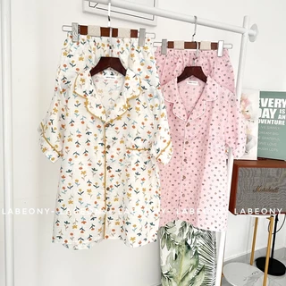 Pyjama nữ xô organic cotton đồ mặc nhà đồ bộ trái tim hoa nhí mềm mát Labeony