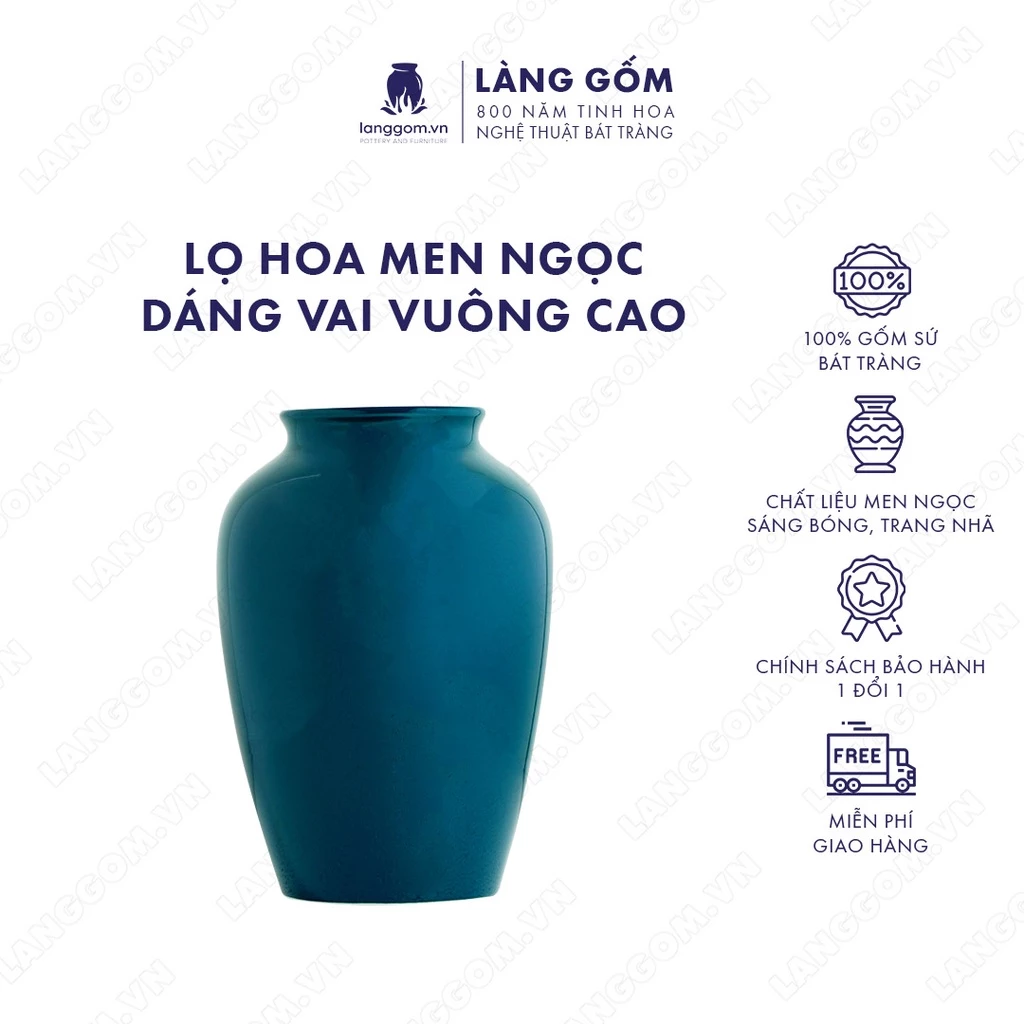 Bình cắm hoa trang trí dáng vai vuông cao, men ngọc, gốm sứ Bát Tràng cao cấp, dùng để bàn, phòng khách - LÀNG GỐM