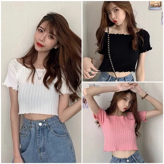 Áo croptop dệt kim nữ tay ngắn trễ vai cổ vuông vải len co giãn kiểu dáng thời trang phong cách Retro quyến rũ