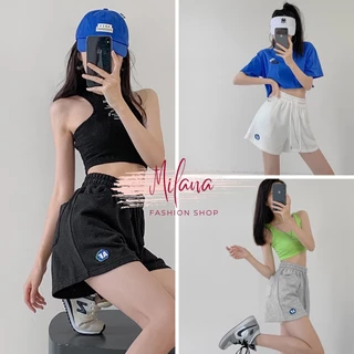 Quần đùi nữ , quần short nữ thể thao nữ lưng cao ống rộng cạp chun in chữ FA chất vải đẹp màu đen màu trắng Milana