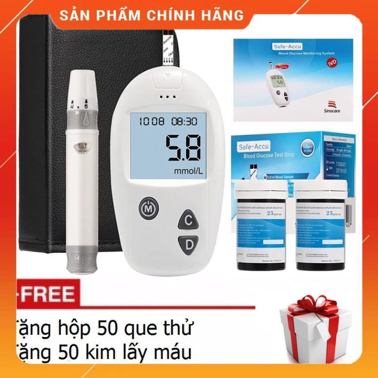 Máy đo đường huyết + 50 que thử và 50 kim đo đường huyết Sinocare Accu-Safe Đức