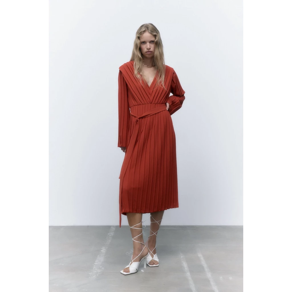 ZARA Đức - Đầm dài xếp ly form suông chiết eo cổ V tay dài dây thắt eo sale auth new cao cấp chính hãng có sẵn 1165/526