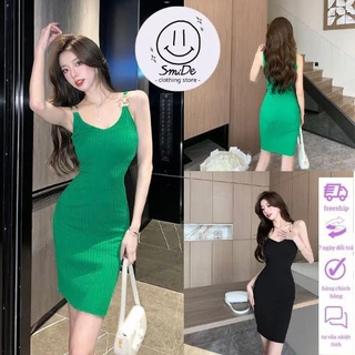 Váy Đầm len Gân Tăm Body Cổ Tim 2 Dây Khoen Vai Thời Trang Nữ Quyến Rũ Thời Thượng | smide Clothing