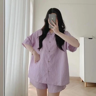 Bộ quần ngủ đùi kẻ caro chất đũi xốp, set pijama áo cổ bẻ cài cúc ngắn tay mặc nhà