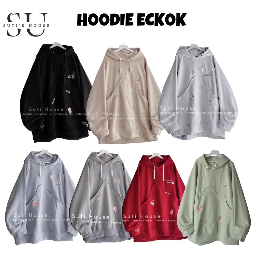 [ẢNH THẬT- CÓ SẴN ĐỦ MÀU] Áo Hoodie ECKOK Nhiều Màu Túi Kiểu Thêu Hình Dễ Thương Form Rộng Unisex Nam Nữ-Suti House