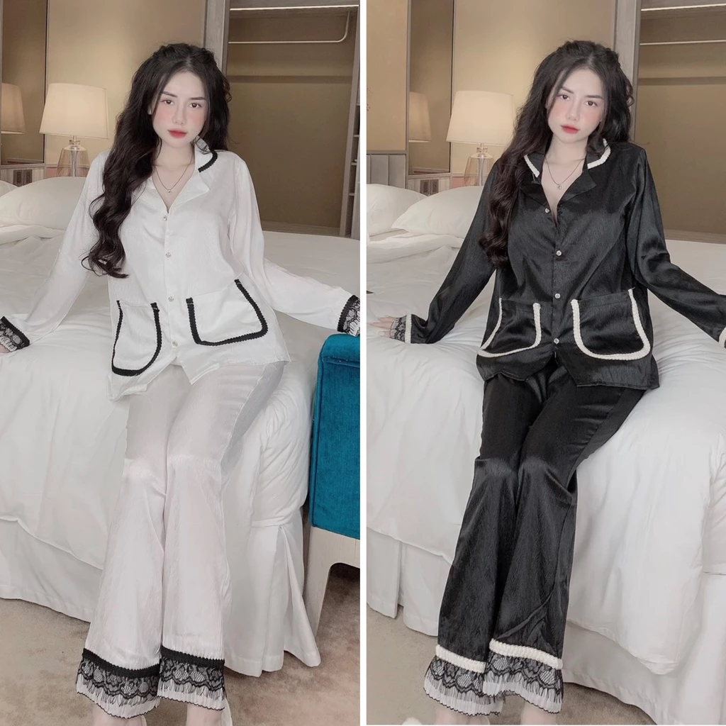 Đồ Bộ Nữ Tay Dài Viền Ren Phối Túi Phong Cách Quảng Châu - Đồ ngủ, Pyjama Lụa Xước Freesize