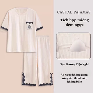 Bộ Mặc Nhà Áo Cộc Quần Lửng Có Đệm Ngực Hàng Đẹp Chất Liệu Cotton Lạnh Modal Thoáng Mát