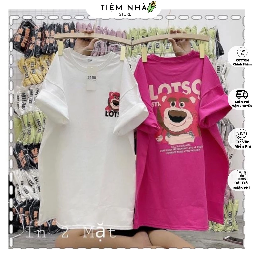 Áo Thun Cotton Khô Form Rộng 3158 Unisex Gấu Lotso In 2 Mặt