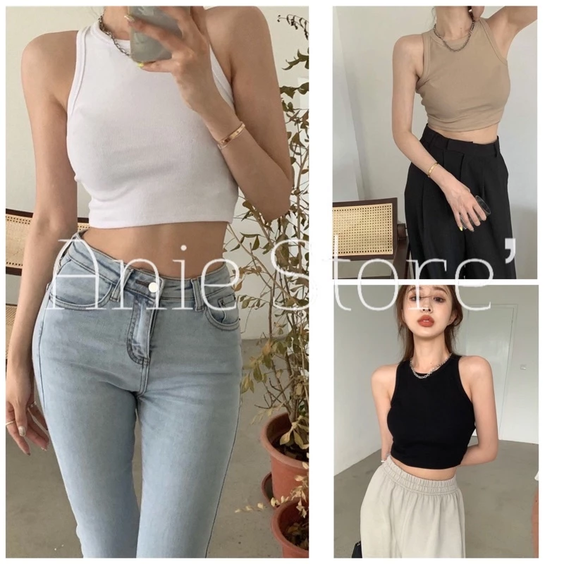 Áo croptop nữ 3 lỗ dáng ôm thun ngắn sát nách kiểu trơn 3 màu trắng đen nâu VANISA AN081