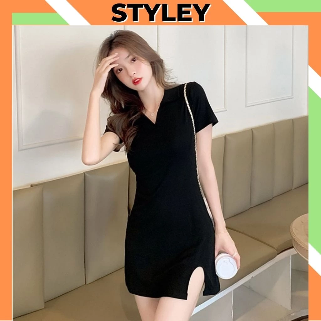 Váy nữ dáng xòe cổ polo chữ V đẹp và cá tính, Đầm body nữ xẻ tà trước gợi cảm và sexy STYLEY V003
