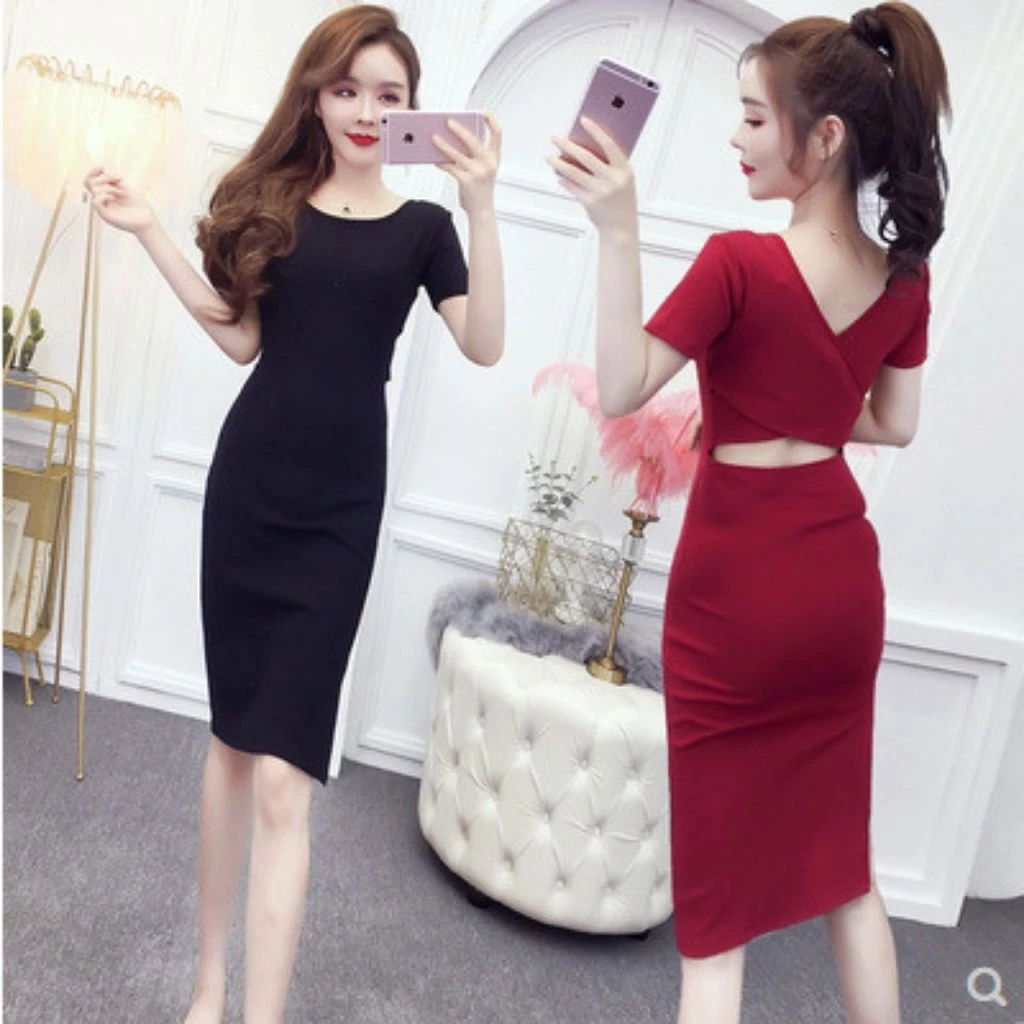 Đầm body nữ tay ngắn tôn dáng xẻ tà gợi cảm phong cách hàn quốc, Váy nữ khoét lưng trẻ trung V001