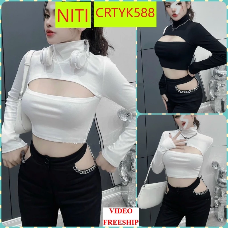 [CRTYK588] ÁO CROPTOP KIỂU LỬNG NỮ CỔ LỌ DÀI TAY KHOÉT NGỰC TÁO BẠO MÀU TRẮNG MÀU ĐEN CO GIÃN SIÊU HOT HIT