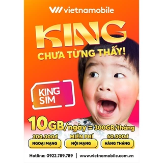 SIM KING VIETNAMOBILE 4G MIỄN PHÍ THÁNG ĐẦU 300GB/1 THÁNG + TK GỌI NGOẠI MẠNG 100K( CHỈ DÙNG MIỀN BẮC VÀ TRUNG)