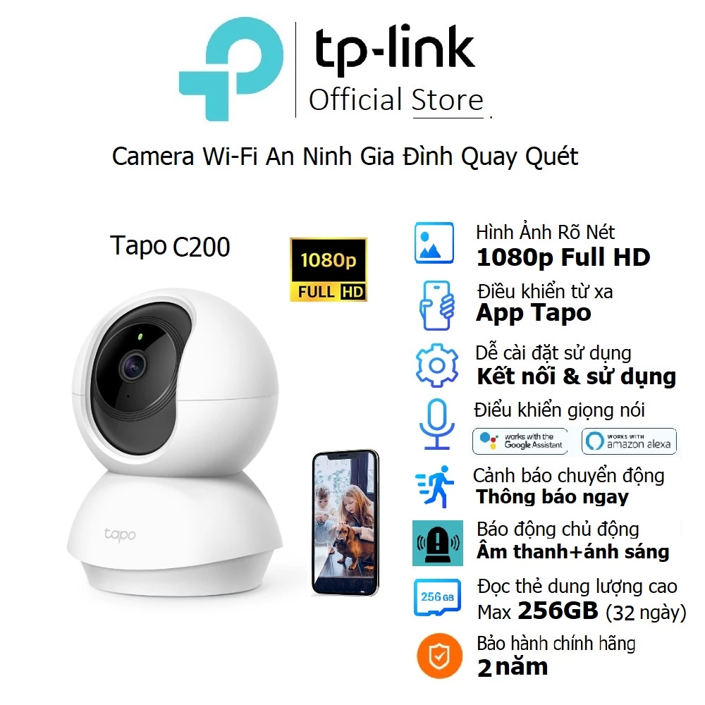 Camera TP-Link Tapo C200 Độ phân giải Full HD 1080P - Xoay 360 độ - Thông báo chuyển động